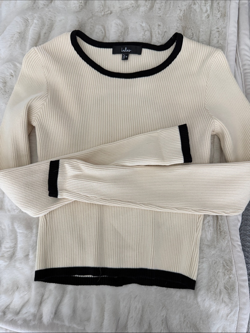 Lulu's backless Cream Ribbed Crewneck Sweater with Black Trim